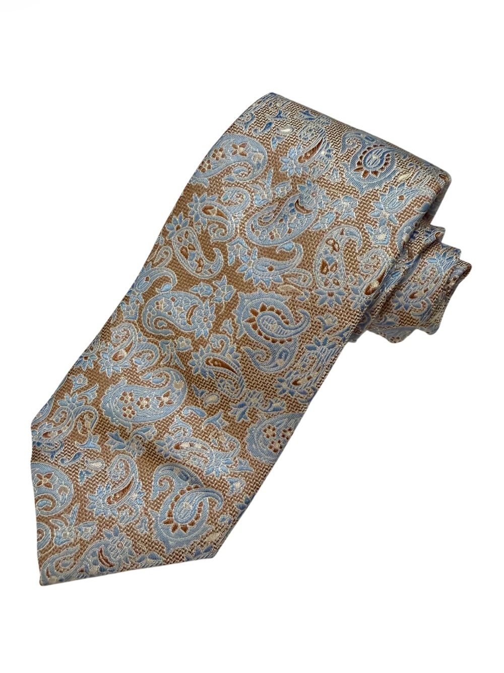 David Donahue Light Blue and Tan Paisley Silk Tie